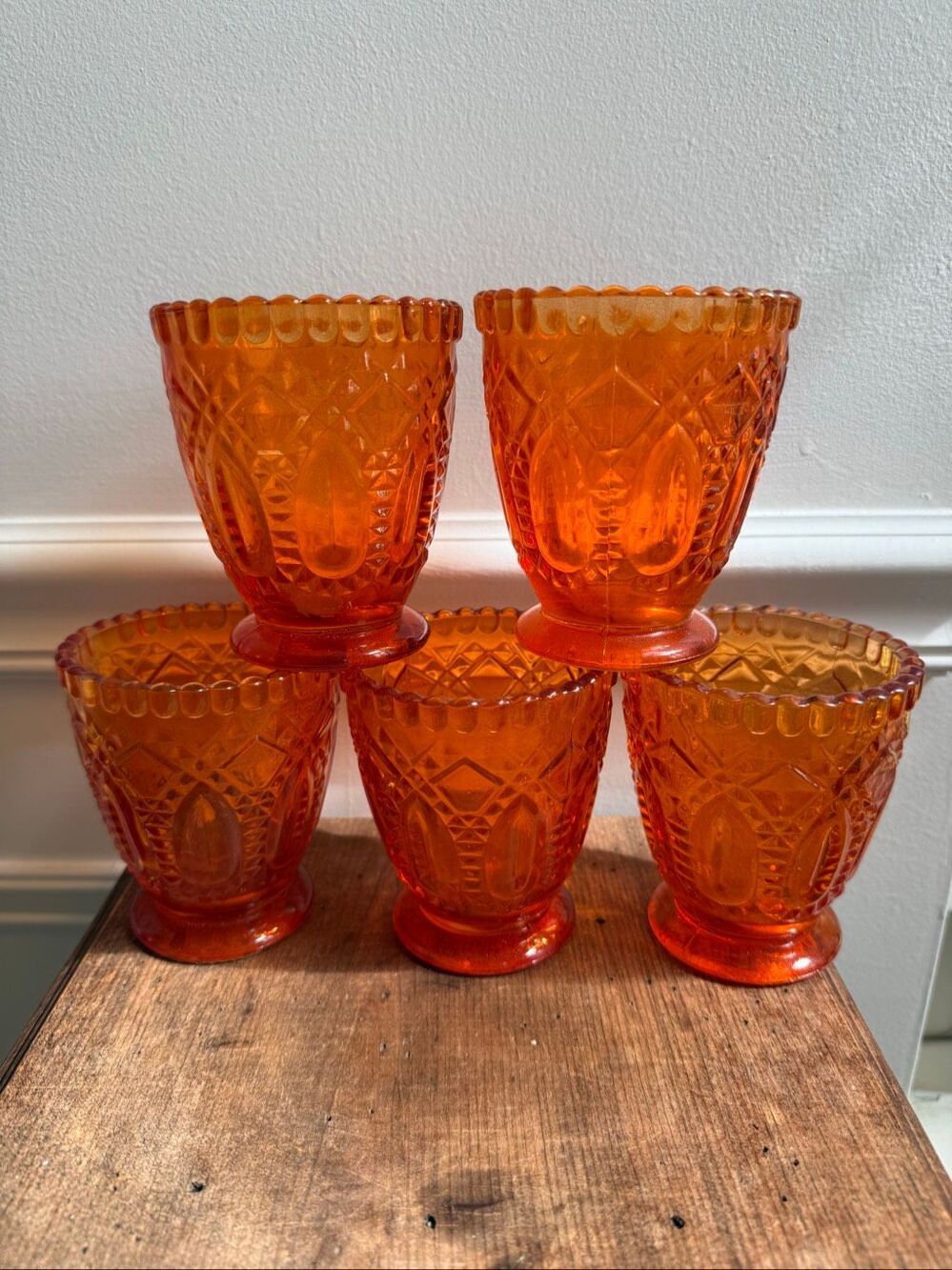 5 Amber Orange Vintage Style Pressed Votive Tea Light Candle Holders